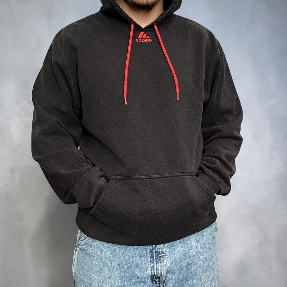 Adidas Center Logo Hoodie Black Red Drawstring Pullover Skater Y2K Size‎ Large